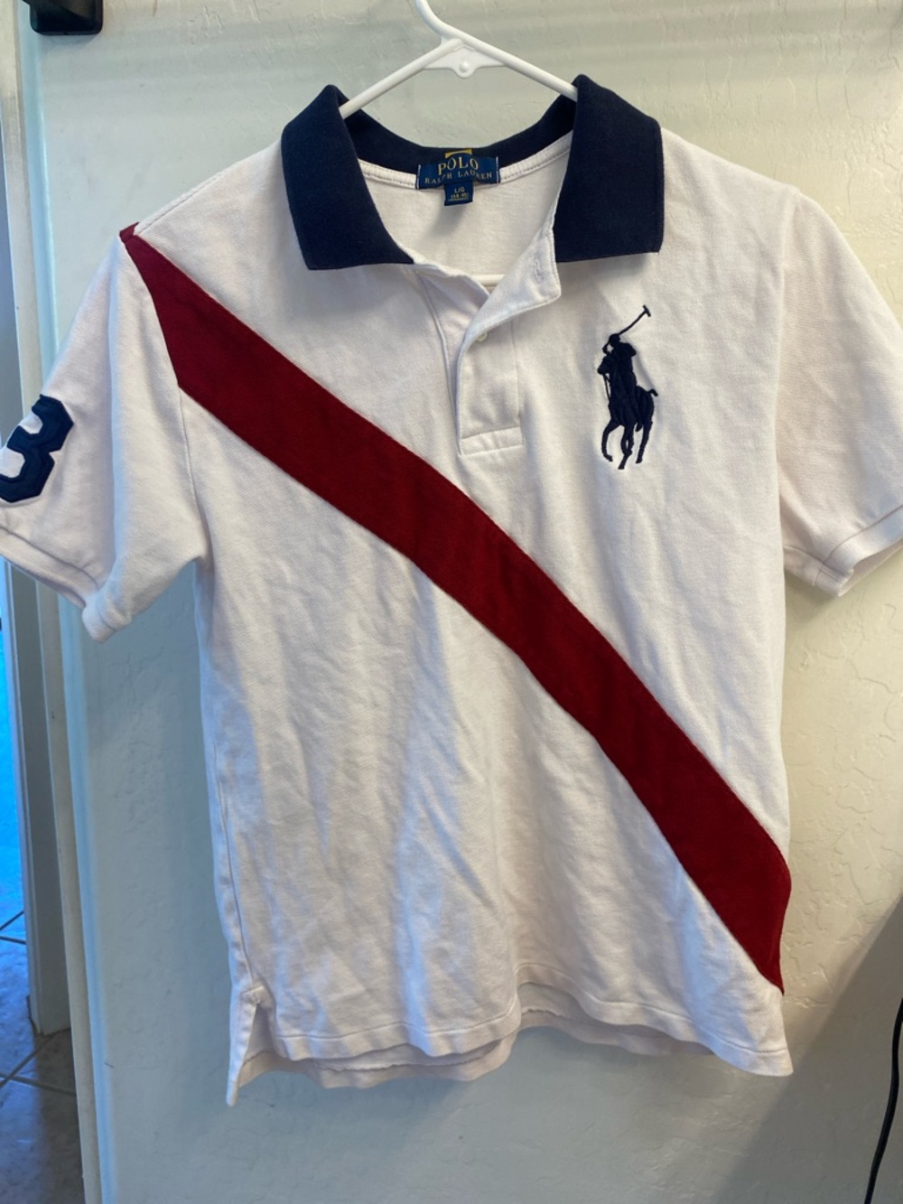 Ralph Lauren White Polo with Red Diagonal Stripe and Navy Collar